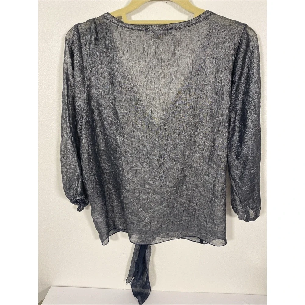 Love Culture Women's Size L V Neck L/S Shimmer Black Sheer Top Tie‎ At Waist H1